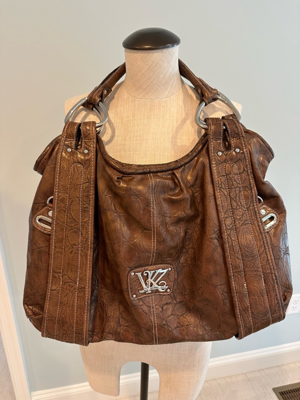 Kathy Van Zeeland Y2K Brown Faux Crocodile Shoulder Hobo with Silver Hardware